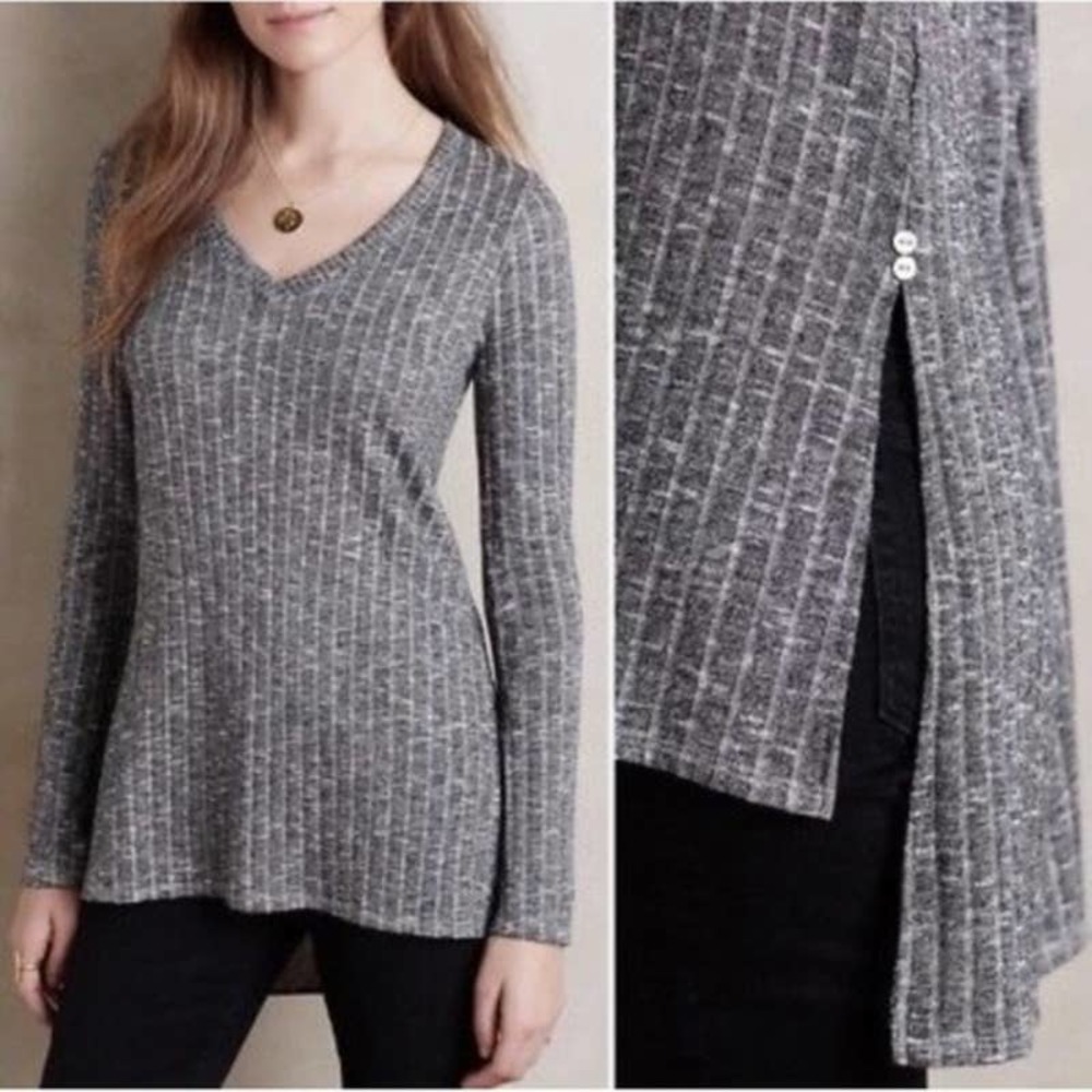 Anthropologie Gray Ribbed Long Sleeve Slit Top M